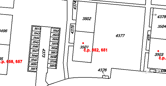 Komín 651,652, Brno na parcele st. 3502 v KÚ Komín, Katastrální mapa