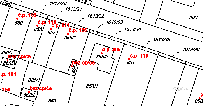 Měšice 406, Tábor na parcele st. 853/2 v KÚ Měšice u Tábora, Katastrální mapa