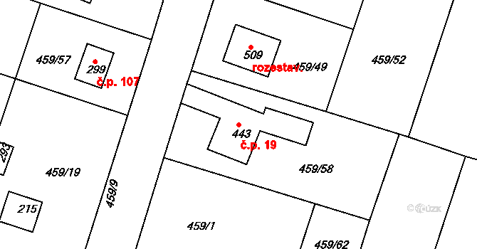 Horoušánky 19, Horoušany na parcele st. 443 v KÚ Horoušany, Katastrální mapa