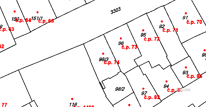 Pelhřimov 74 na parcele st. 98/3 v KÚ Pelhřimov, Katastrální mapa