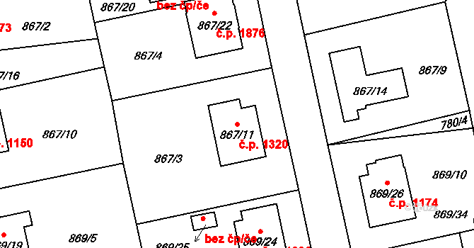 Pelhřimov 1320 na parcele st. 867/11 v KÚ Pelhřimov, Katastrální mapa