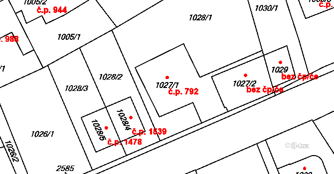 Radotín 792, Praha na parcele st. 1027/1 v KÚ Radotín, Katastrální mapa