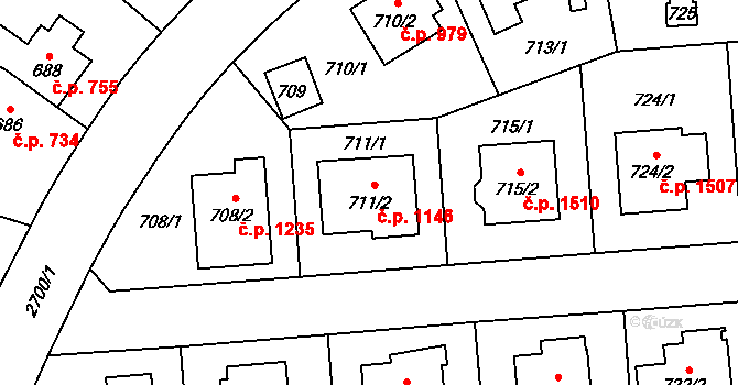 Kyje 1146, Praha na parcele st. 711/2 v KÚ Kyje, Katastrální mapa