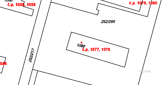 Rosice 1076,1077 na parcele st. 1086 v KÚ Rosice u Brna, Katastrální mapa