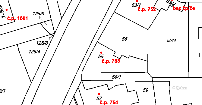 Prostřední Suchá 753, Havířov na parcele st. 55 v KÚ Prostřední Suchá, Katastrální mapa