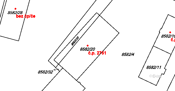 Jižní Předměstí 2751, Plzeň na parcele st. 8582/20 v KÚ Plzeň, Katastrální mapa