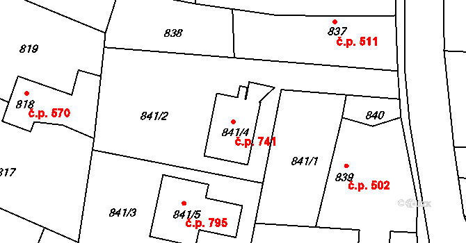 Šeberov 741, Praha na parcele st. 841/4 v KÚ Šeberov, Katastrální mapa