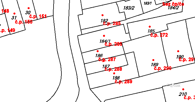 Šluknov 287 na parcele st. 186 v KÚ Šluknov, Katastrální mapa