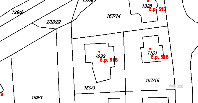 Klecany 518 na parcele st. 1033 v KÚ Klecany, Katastrální mapa