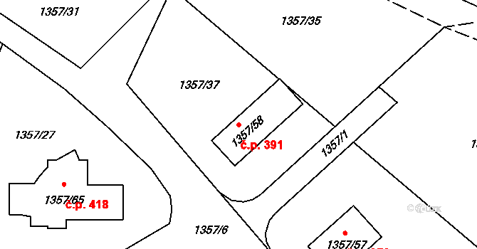 Hvozdná 391 na parcele st. 1357/58 v KÚ Hvozdná, Katastrální mapa