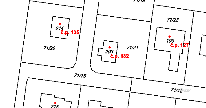Kozomín 132 na parcele st. 203 v KÚ Kozomín, Katastrální mapa
