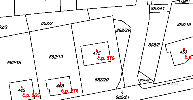 Březůvky 279 na parcele st. 475 v KÚ Březůvky, Katastrální mapa