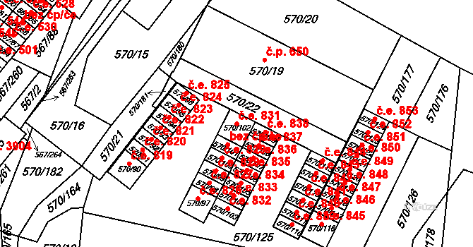 Vyškov-Předměstí 831, Vyškov na parcele st. 570/102 v KÚ Vyškov, Katastrální mapa