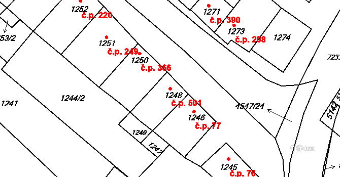 Ostrožská Nová Ves 501 na parcele st. 1248 v KÚ Ostrožská Nová Ves, Katastrální mapa