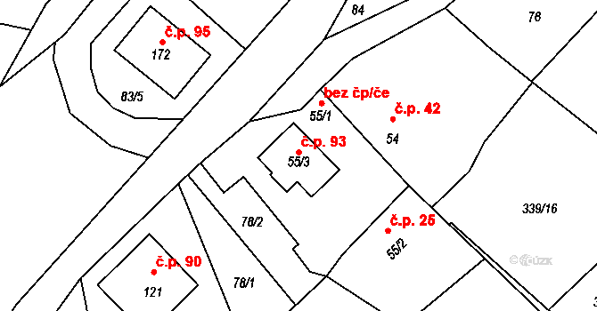 Borovy 93 na parcele st. 55/3 v KÚ Borovy, Katastrální mapa