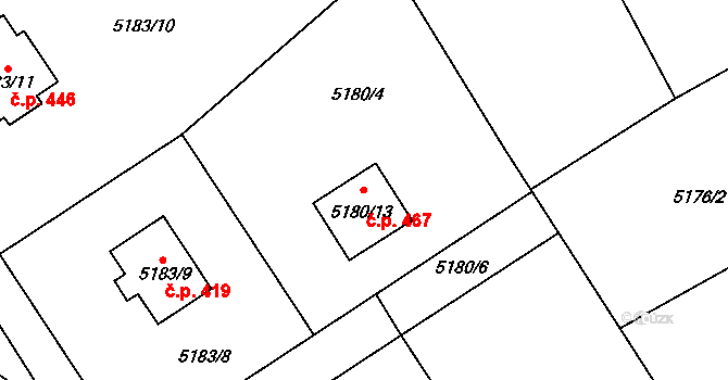 Lískovec 467, Frýdek-Místek na parcele st. 5180/13 v KÚ Lískovec u Frýdku-Místku, Katastrální mapa