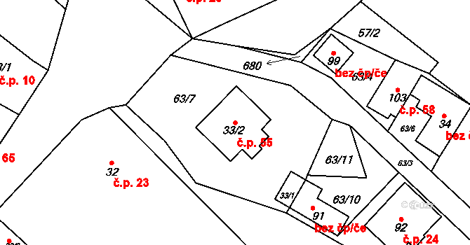 Sedlec 55, Mšeno na parcele st. 33/2 v KÚ Sedlec u Mšena, Katastrální mapa