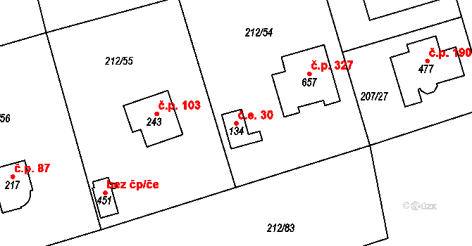 Řitka 30 na parcele st. 134 v KÚ Řitka, Katastrální mapa