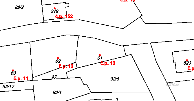 Třebotov 13 na parcele st. 61 v KÚ Třebotov, Katastrální mapa
