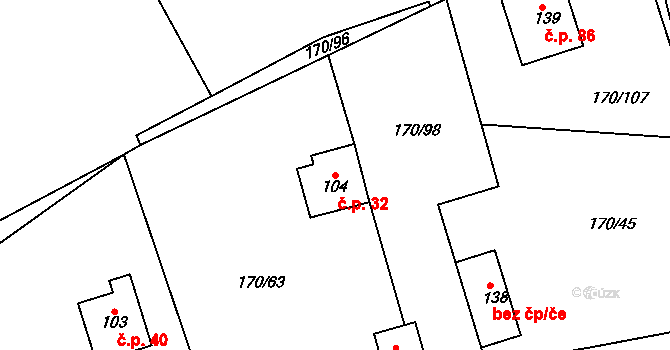 Bližanovy 32, Plánice na parcele st. 104 v KÚ Bližanovy, Katastrální mapa
