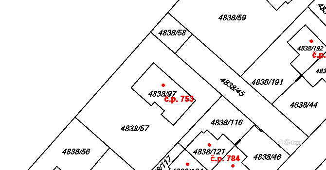 Sviadnov 753 na parcele st. 4838/97 v KÚ Sviadnov, Katastrální mapa