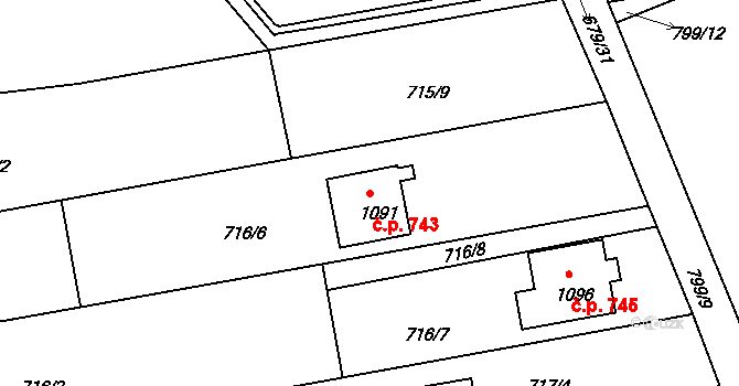 Žirovnice 743 na parcele st. 1091 v KÚ Žirovnice, Katastrální mapa