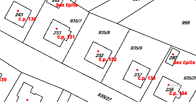 Soběkury 132 na parcele st. 232 v KÚ Soběkury, Katastrální mapa