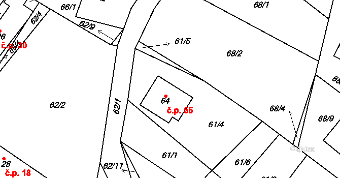 Hurtova Lhota 55 na parcele st. 64 v KÚ Hurtova Lhota, Katastrální mapa