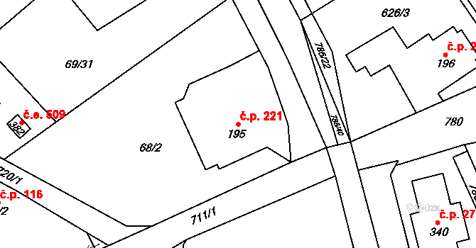 Dolní Radechová 221 na parcele st. 195 v KÚ Dolní Radechová, Katastrální mapa
