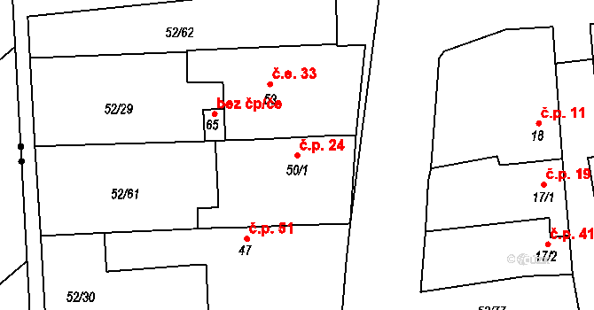 Poličky 24, Doloplazy na parcele st. 50/1 v KÚ Poličky, Katastrální mapa