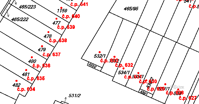 Přímětice 633, Znojmo na parcele st. 532/1 v KÚ Přímětice, Katastrální mapa