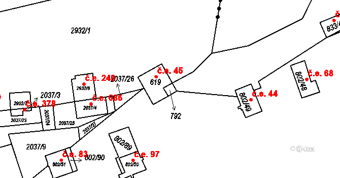 Vranov nad Dyjí 45 na parcele st. 792 v KÚ Vranov nad Dyjí, Katastrální mapa