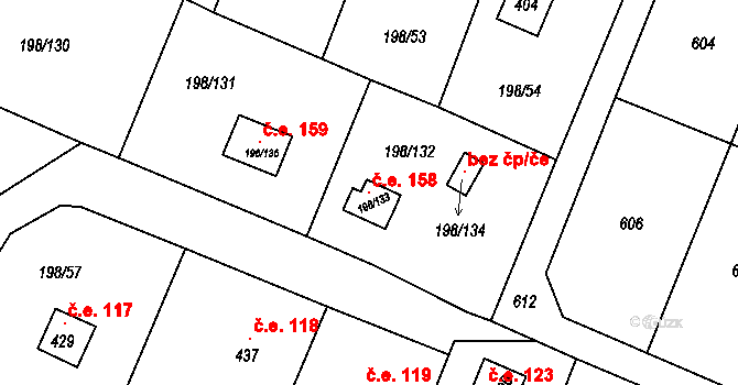 Kozlany 158 na parcele st. 198/133 v KÚ Kozlany, Katastrální mapa