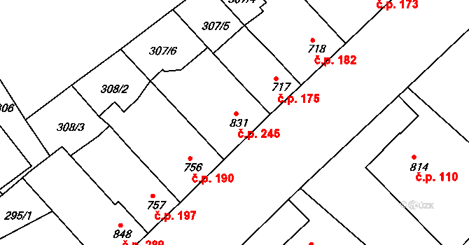 Telč-Podolí 245, Telč na parcele st. 831 v KÚ Telč, Katastrální mapa