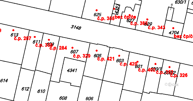 Čelákovice 421 na parcele st. 605 v KÚ Čelákovice, Katastrální mapa