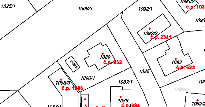 Roztoky 832 na parcele st. 1089 v KÚ Roztoky u Prahy, Katastrální mapa