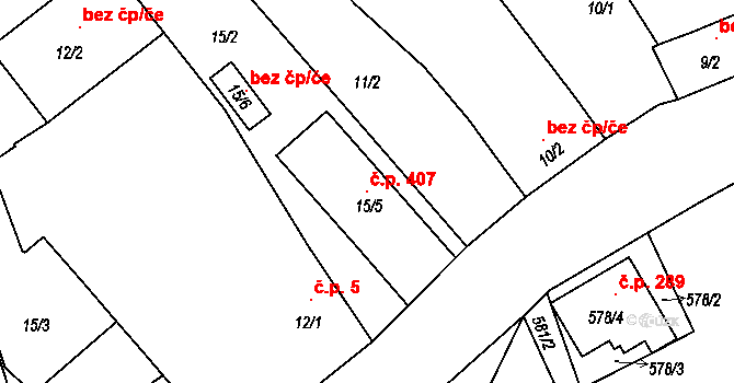 Radčice 407, Plzeň na parcele st. 15/5 v KÚ Radčice u Plzně, Katastrální mapa