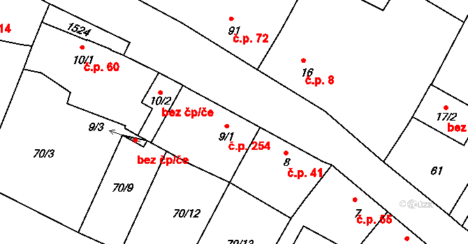 Tetín 254 na parcele st. 9/1 v KÚ Tetín u Berouna, Katastrální mapa