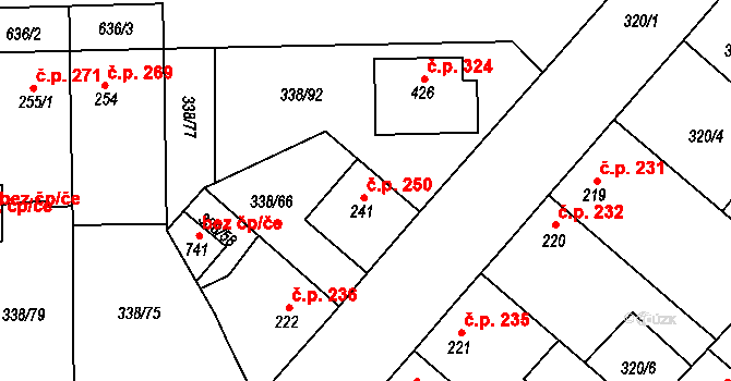 Bohušovice nad Ohří 250 na parcele st. 241 v KÚ Bohušovice nad Ohří, Katastrální mapa