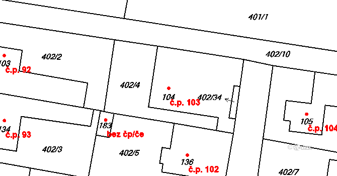 Černěves 103 na parcele st. 104 v KÚ Černěves, Katastrální mapa