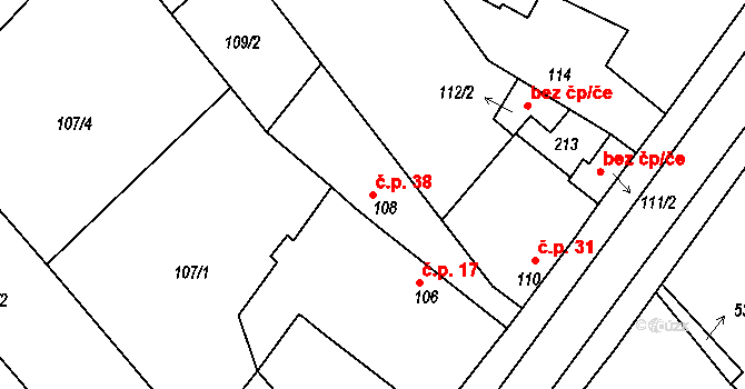 Doubrava 38, Kostomlátky na parcele st. 108 v KÚ Doubrava u Kostomlat nad Labem, Katastrální mapa