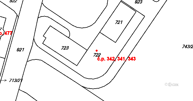Milovice 341,342,343 na parcele st. 722 v KÚ Milovice nad Labem, Katastrální mapa