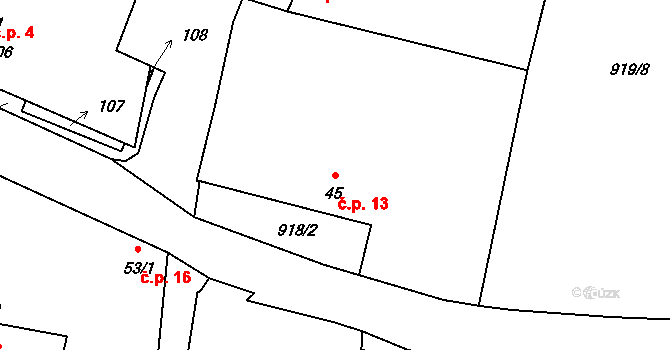 Horní Kněžeklady 13 na parcele st. 45 v KÚ Štipoklasy, Katastrální mapa