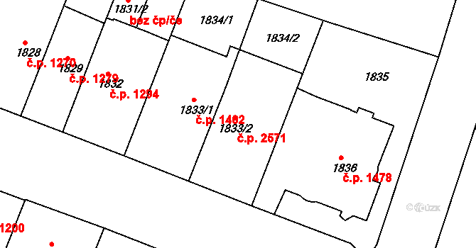 Teplice 2571 na parcele st. 1833/2 v KÚ Teplice, Katastrální mapa