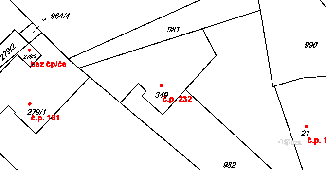 Milíkov 232 na parcele st. 349 v KÚ Milíkov u Jablunkova, Katastrální mapa