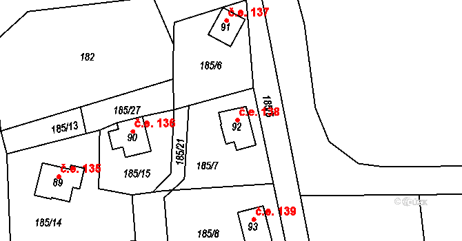 Ješovice 138, Liběchov na parcele st. 92 v KÚ Ješovice, Katastrální mapa