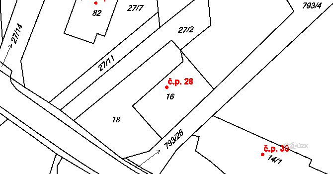 Habartice 28, Klatovy na parcele st. 16 v KÚ Habartice u Obytců, Katastrální mapa