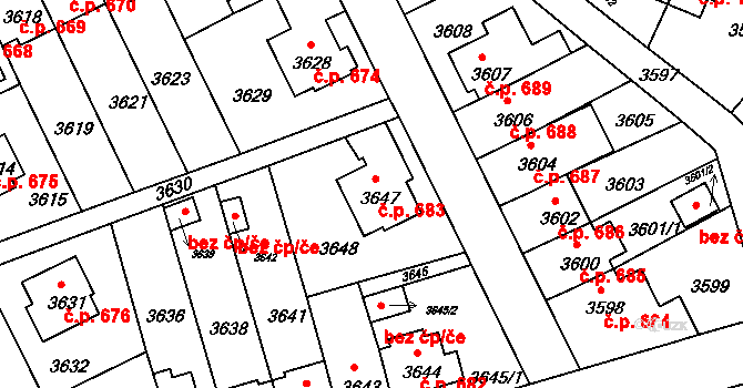 Záběhlice 683, Praha na parcele st. 3647 v KÚ Záběhlice, Katastrální mapa