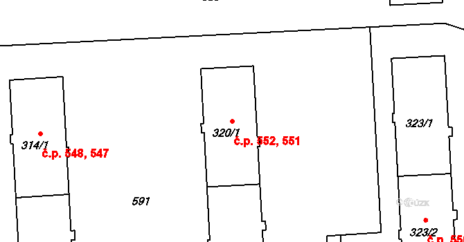 Neředín 551,552, Olomouc na parcele st. 320/1 v KÚ Neředín, Katastrální mapa