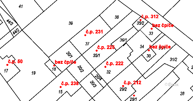 Prštice 225 na parcele st. 35/1 v KÚ Prštice, Katastrální mapa